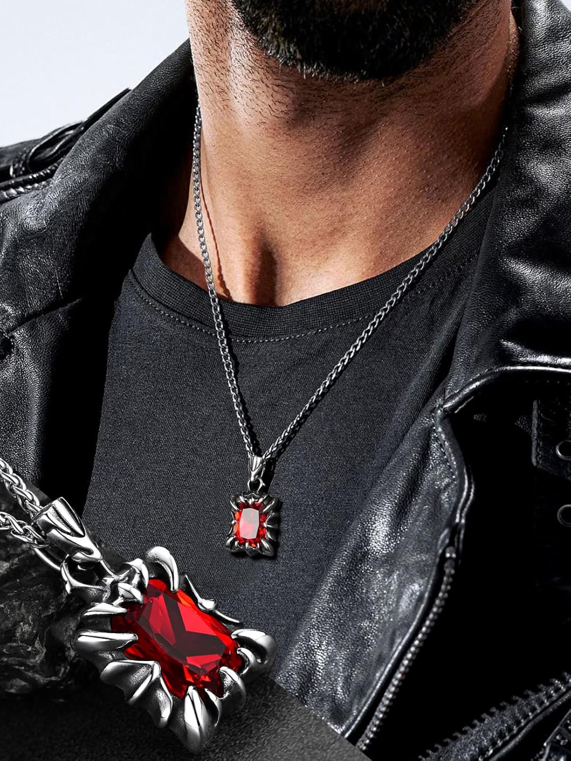 FaithHeart Gothic Dragon Claw Necklace for Men, Punk Biker Stainless Steel Amulet Pendant with Black/Red/Green/Blue Gemstone, Gift Box - Image 4