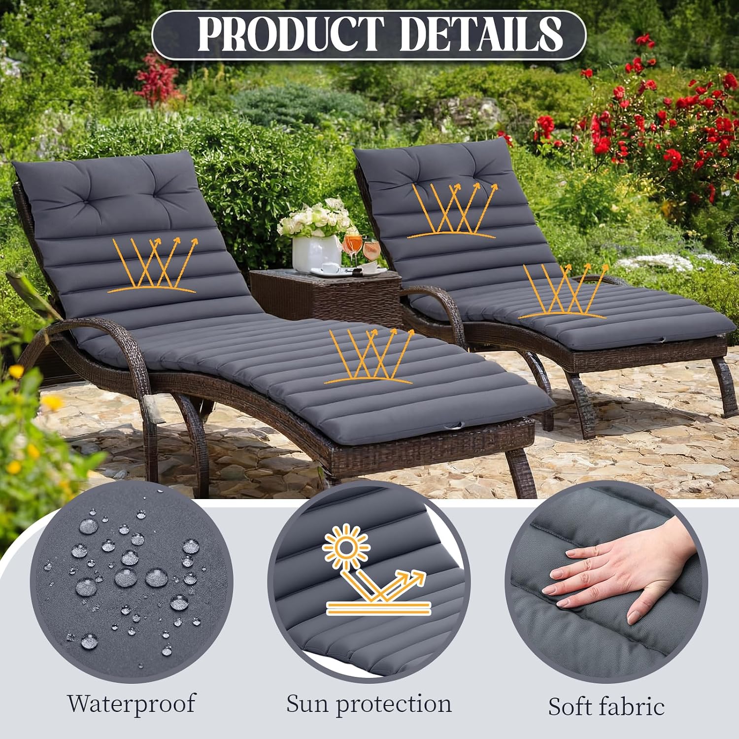 Kigley 2 Set Chaise Lounge Cushions Outdoor 72.8 x 24 x 2.3 Inches Waterproof Weather-Resistant Patio Furniture Seat Cushion Chair Pad with Fasten Straps Foldable for Garden Poolside(Grey)