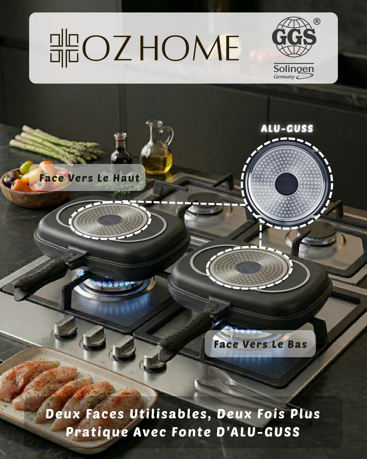 GGS Colection Poele Grill Et Poisson Double Face 38x25.5cm - Poele Grill Induction Et Tout À Feux, Poele Anti Adhesive en PTFE- Poele A Griller Avec Fermeture Magnétique & 2 Bandes D’étanchéité