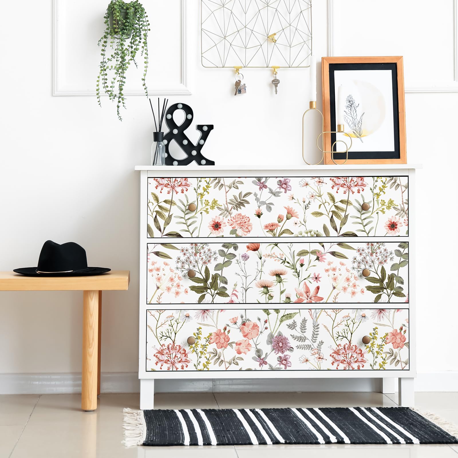 VEELIKE Carta Adesiva Fiori Rosa Bianco 44,5 cm x 900 cm Carta da Parati Foglie Verdi Carta Adesiva per Mobili Fantasia Fotomurali Carta da Parati Autoadesiva per Cameretta Pareti Armadi Rimovibile
