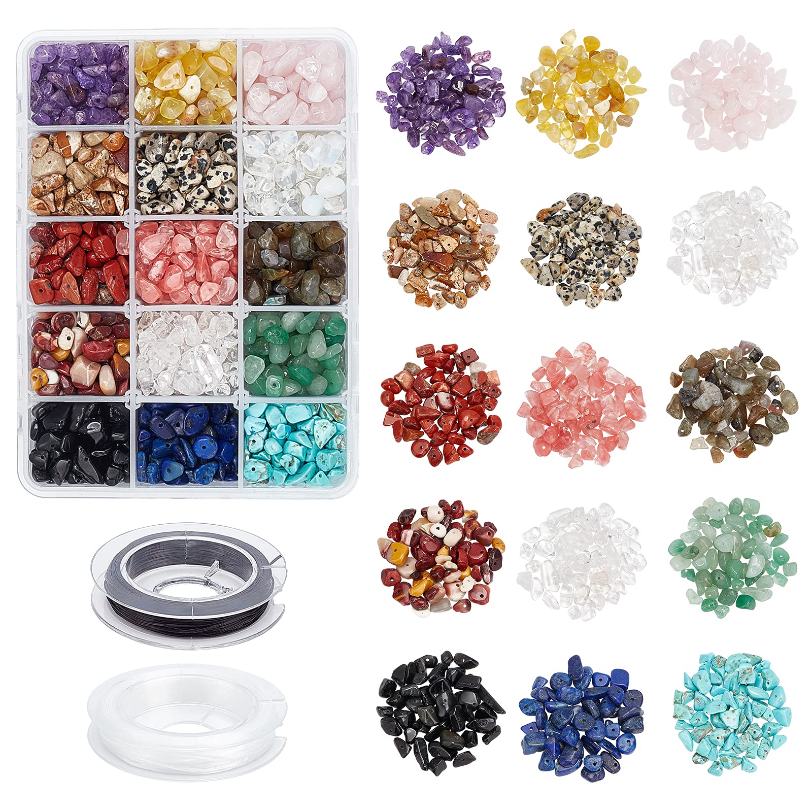 NBEADS 1 Box Crystal Chips Perlen, 15 Materialien Chips Unregelmäßige Perlen Natürliche Edelsteine Perlen Mit 2 Rollen Elastischer Faden Für Schmuckherstellung DIY Handwerk Craft, Ca. 5~8 mm Breit