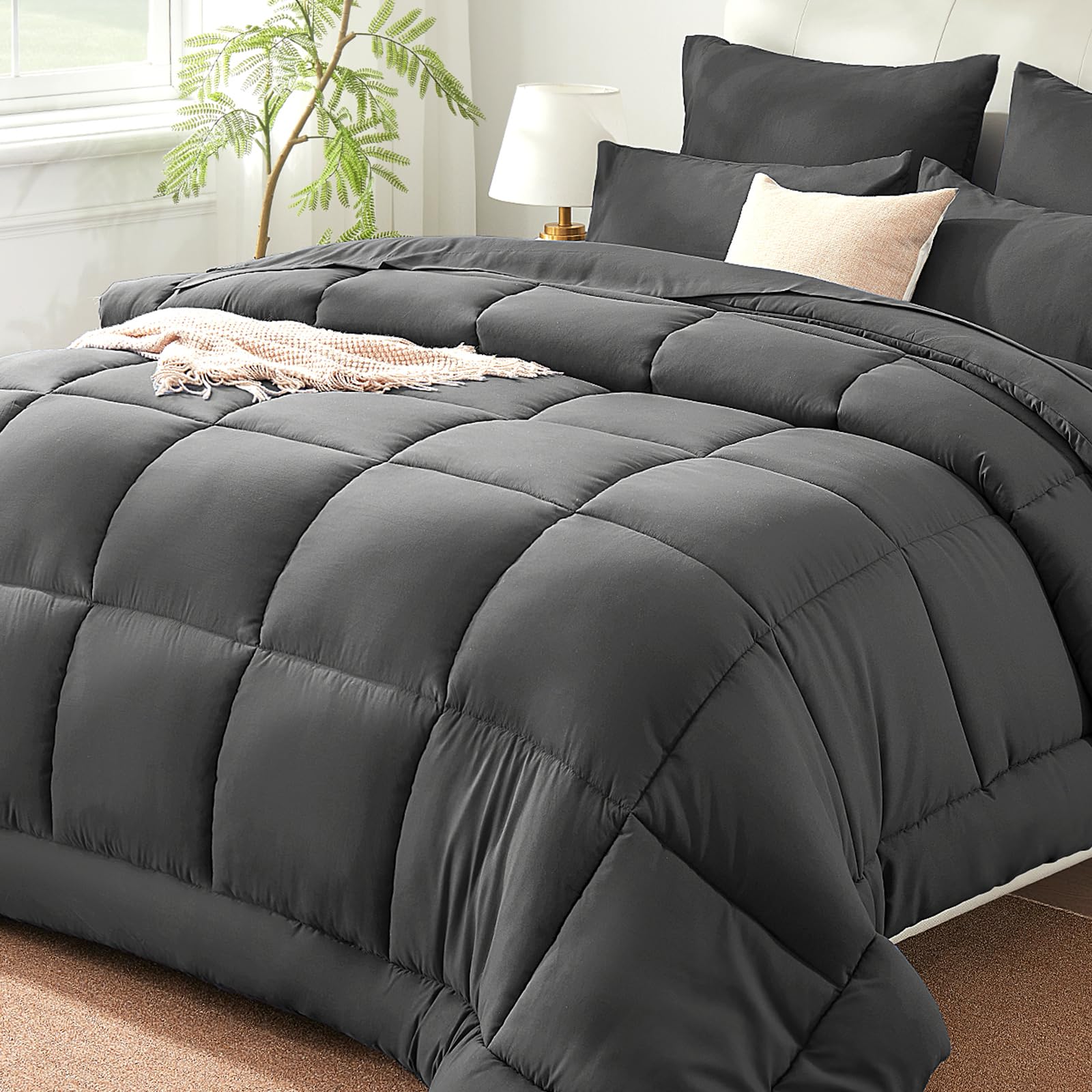 SunStyle Home Dark Grey Full/Queen Comforter Set - 7 Pieces Bed in a Bag, Lightweight Goose Down Alternative Bedding Sets with All Season Comforter, 1