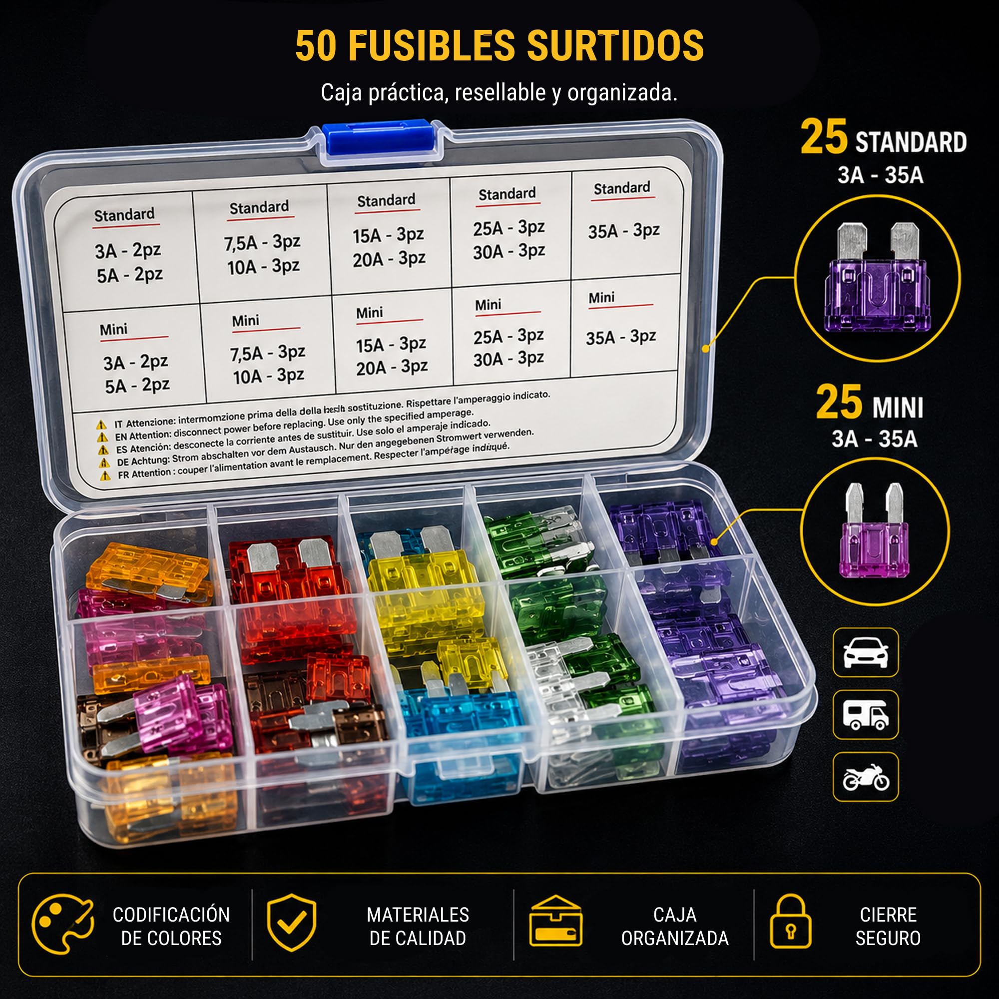 Fusibles de Cuchilla Tipo Europeo – Kit 50 Piezas Surtido | Mini y Estándar 3A-35A | 12V 24V Auto Coche Moto Caravana | Caja Organizada CE
