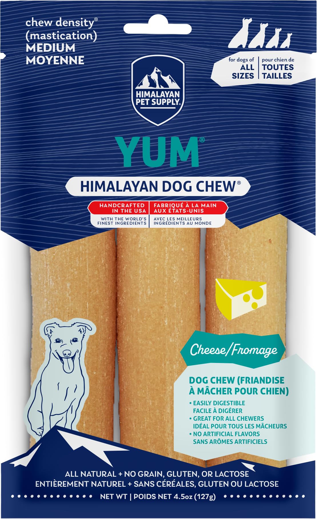 Yak Cheese Dog Chews, Lactose Free & Grain Free, USA Made, for All Dog Breeds, Medium Density Cheese Chew, Resealable Pouch with 3 YUM Treats, Cheese Flavor