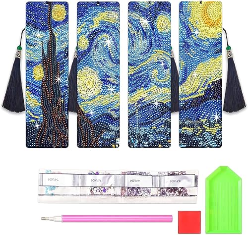 4 marcapáginas de arte de diamantes Van Gogh Starry Night, marcadores acrílicos para bricolaje con kits de borlas, regalo para lectores y amantes de