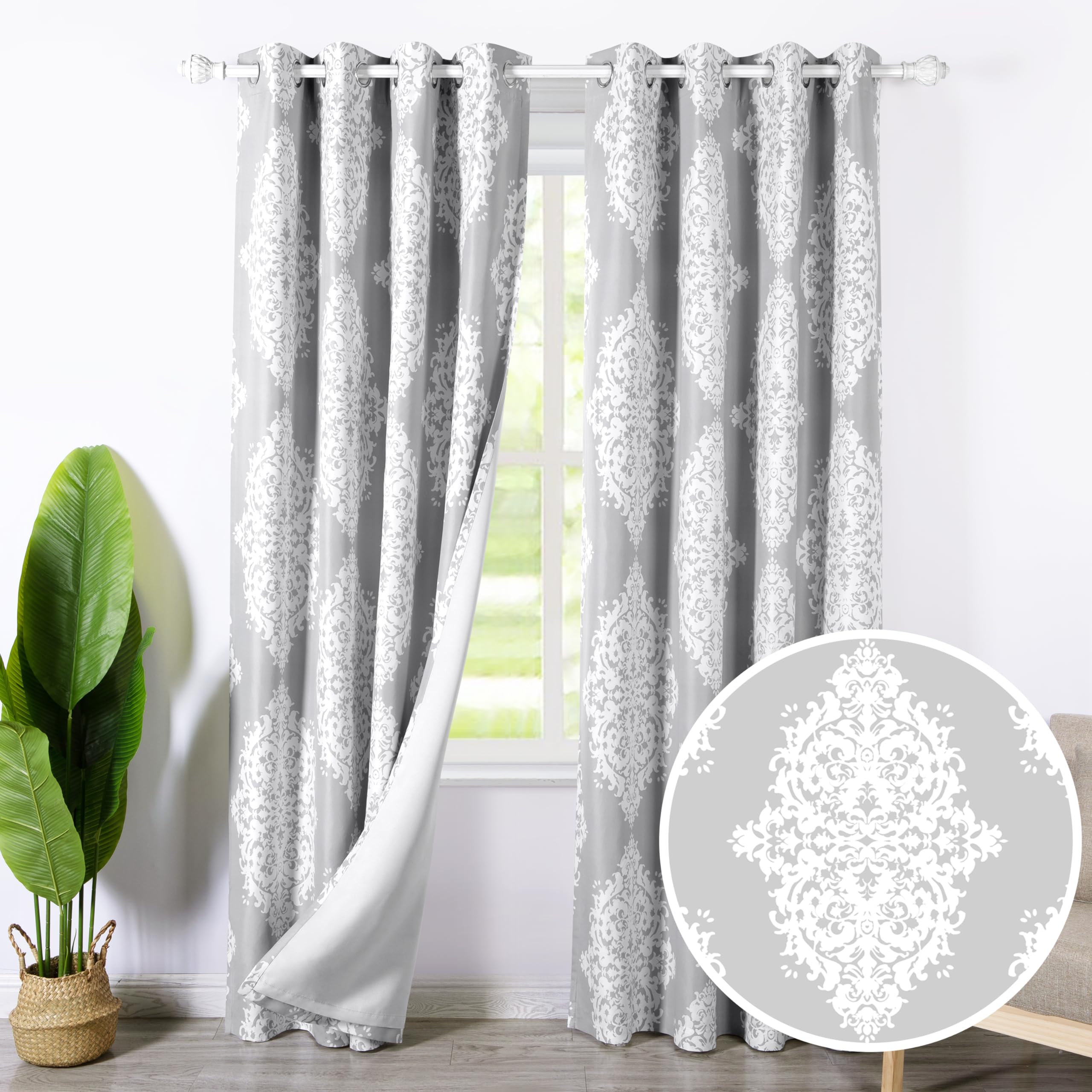 DriftAway Curtains for Bedroom Room Darkening Blackout Curtain 84 Inch Medallion European Floral Drapes for Living Room Damask Pattern Lined Window Treatments Grommet 2 Panels