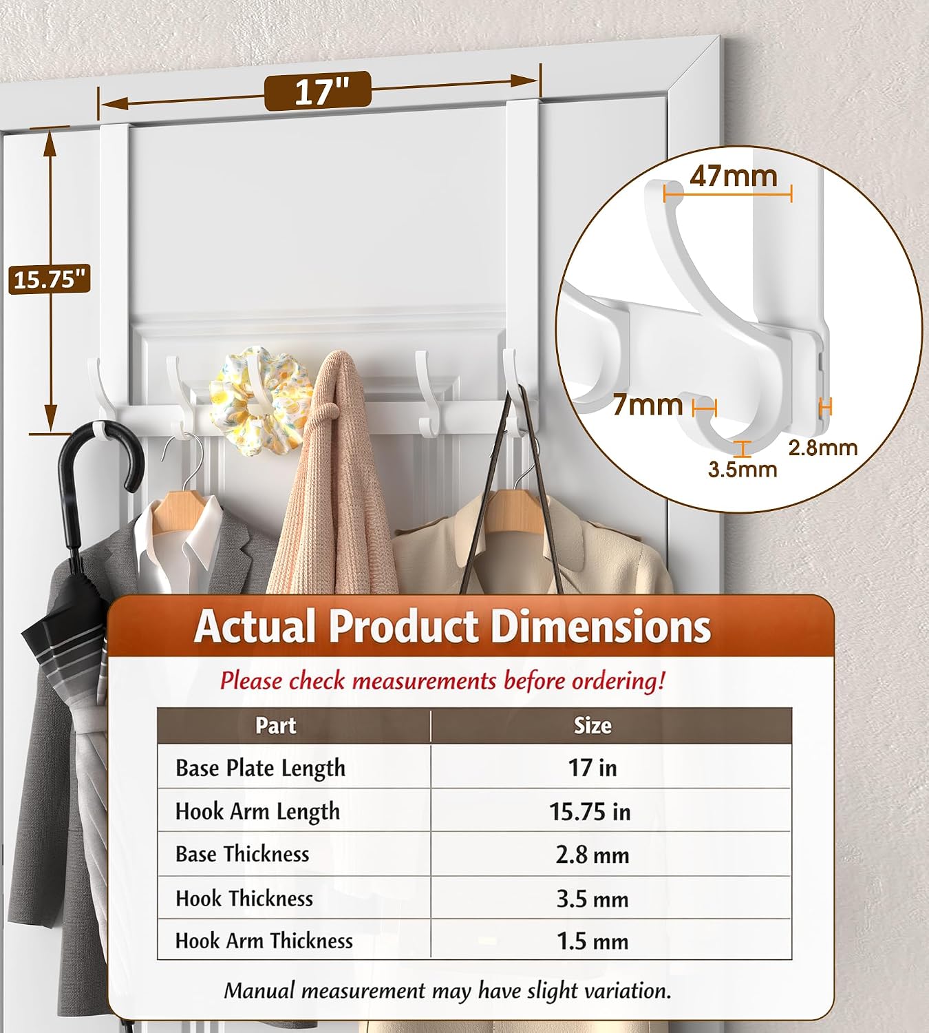 KitchLife Long Over The Door Hooks Hanger with 15.75" Extended Arms, Fits 1 3/8" Doors, F40U, 6 Double-Hanger Design Thickened Heavy Duty Bathroom Towel Rack Organization, Glossy White, 1 Pack