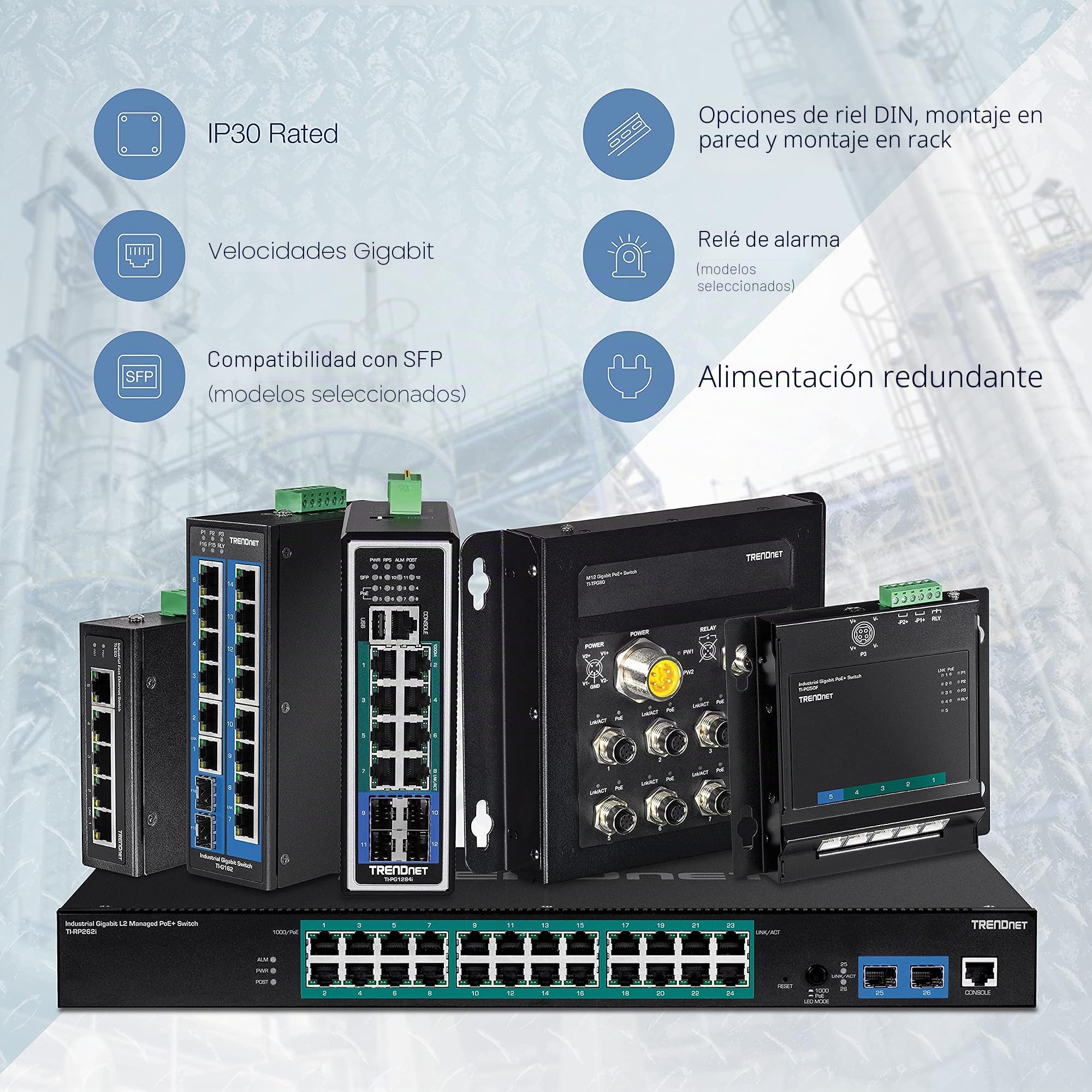 TRENDnet, TI-G162, Switch DIN-Rail Gigabit Industrial de 16 Puertos, 14 Puertos Gigabit, 2 Ranuras SFP Gigabit, Capacidad de conmutación de 32 Gbps
