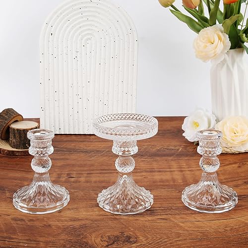Miniatura 3 de Unity - Portavelas de vidrio para velas de pilar, velas cónicas, juego de 3 portavelas de vidrio (diamante)