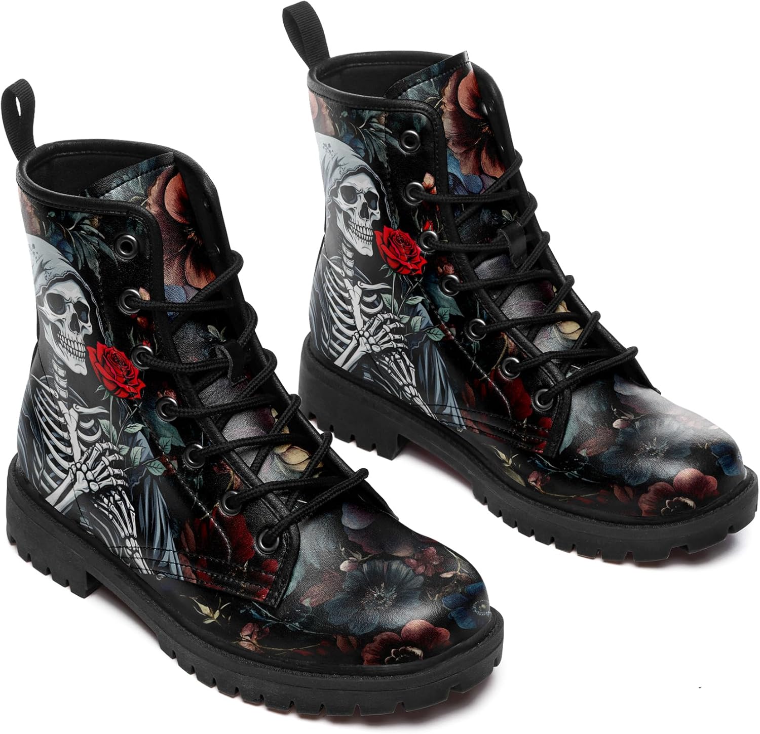 Gothic Combat Boots, Skull & Roses Lace-Up Ankle Boots for Men Women Hiking Work Punk Platform Booties