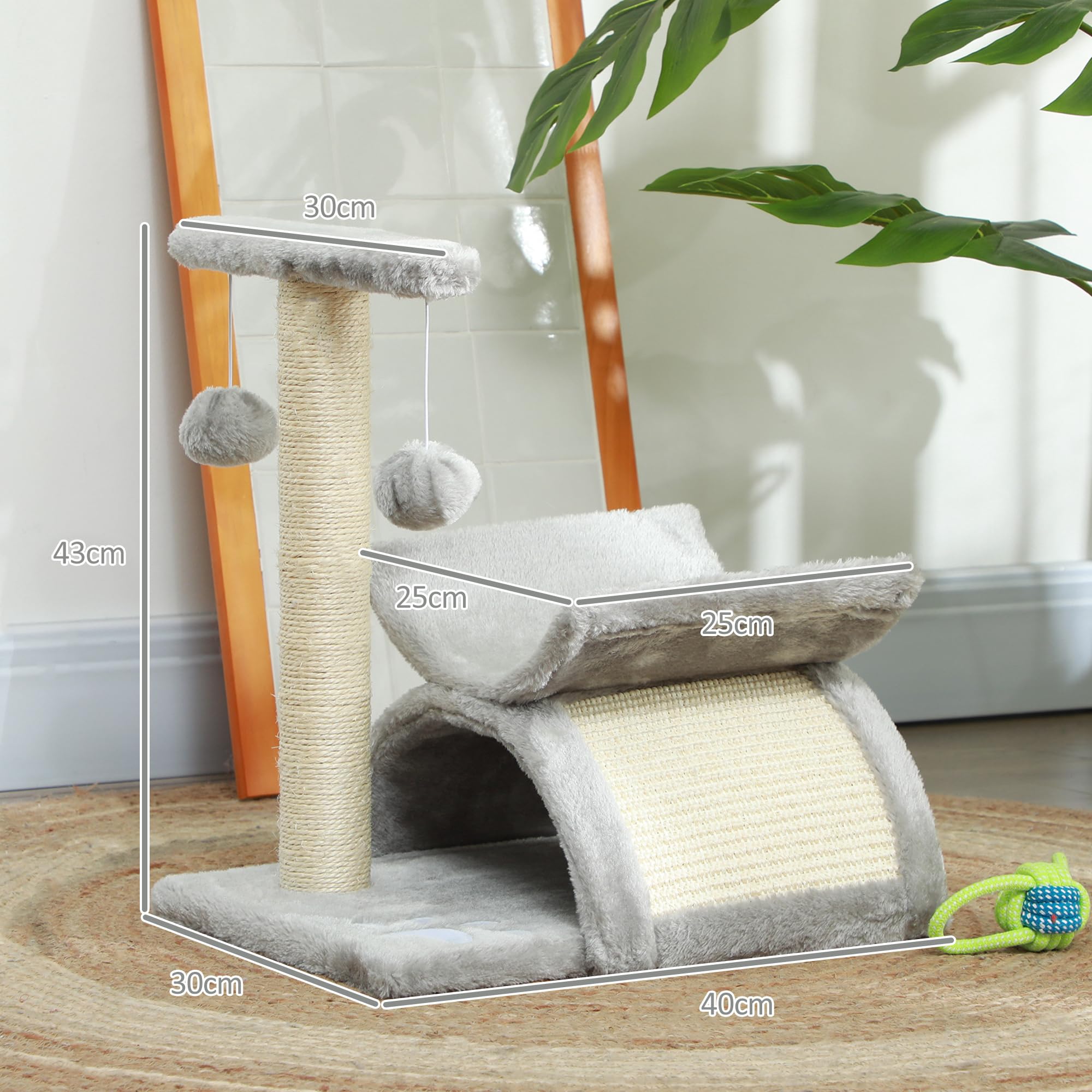 PawHut Tiragraffi per Gatti in Peluche con Cuccia, 40x30x43cm, Grigio | Graffiatoio e Palo in Sisal, 2 Palline
