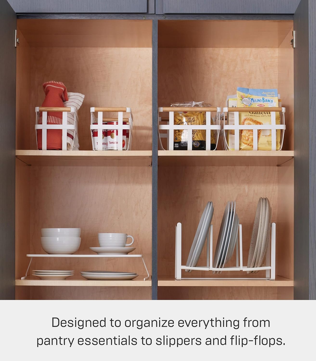 Yamazaki Home Tosca Storage Basket - Home Organizer Bin Holder With Wooden Handle - Small - Steel + Wood - Holds 4 To 6 Slippers