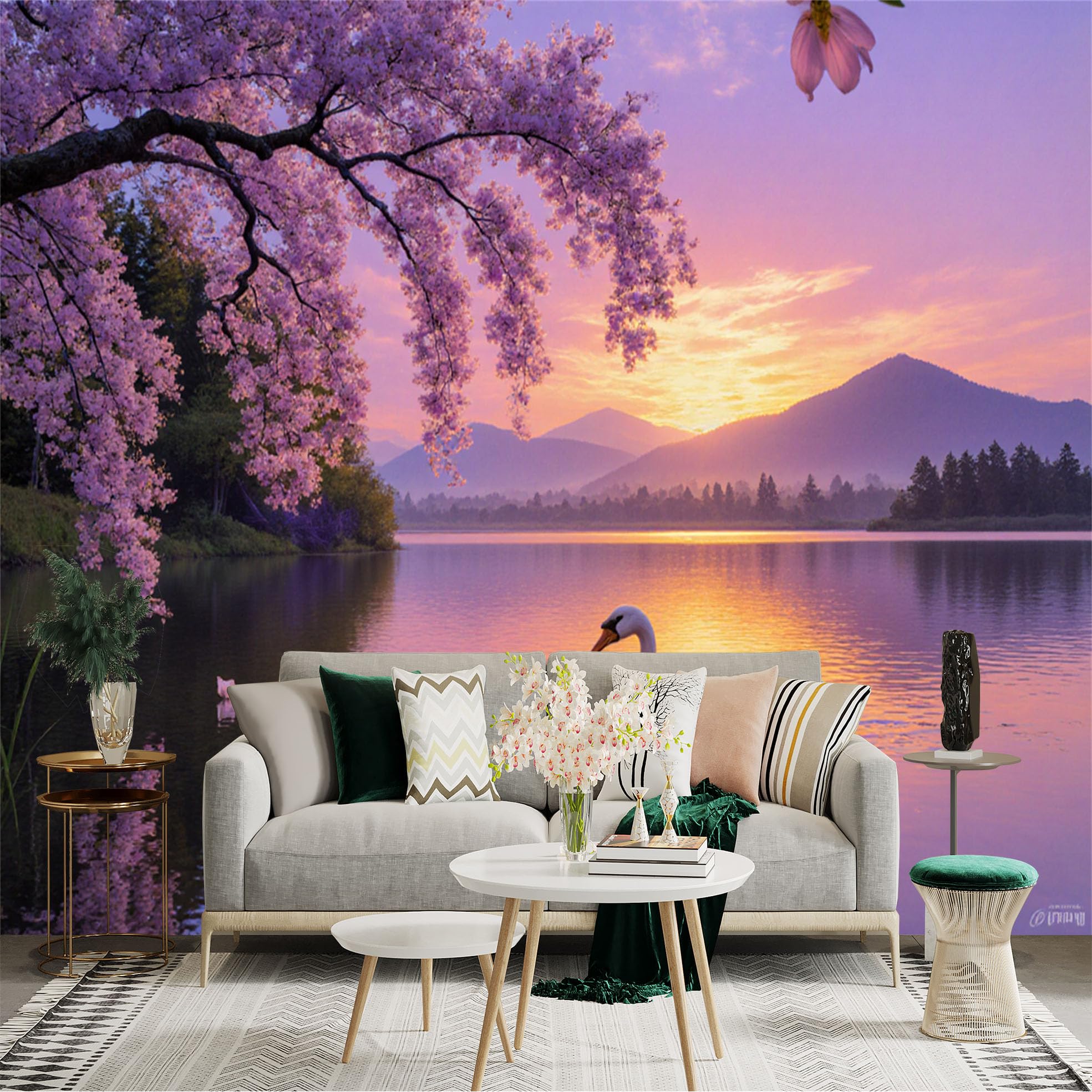 Custom Size Wall Sticker Mural， Elegant Swan on Serene Lake， Beautiful Cherry Blossom Trees， Golden Sunset Over Distant Mountains， for wall Decoration， peelandstick wall Decals.