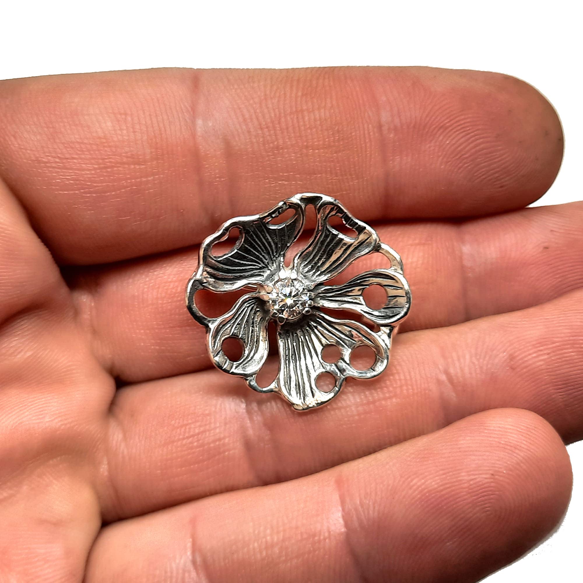 Broche de plata de ley 925 flor con zirconia cúbica