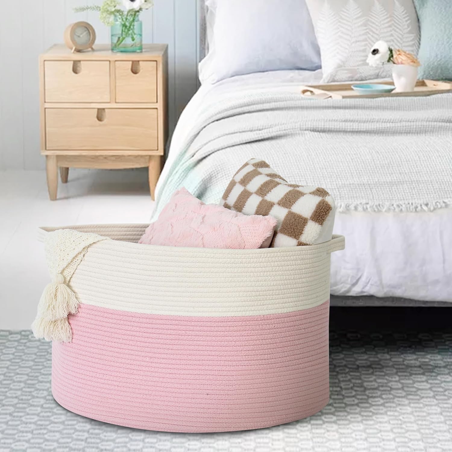 Pink Storage Baskets for Organizing, 22"X22"X14" XXXL Blanket Basket Living Room, Large Toy Basket, Soft Pink Cotton Rope Woven Baskets for Storage, Decorative Gifts Basket Bins for Nursery - Image 4
