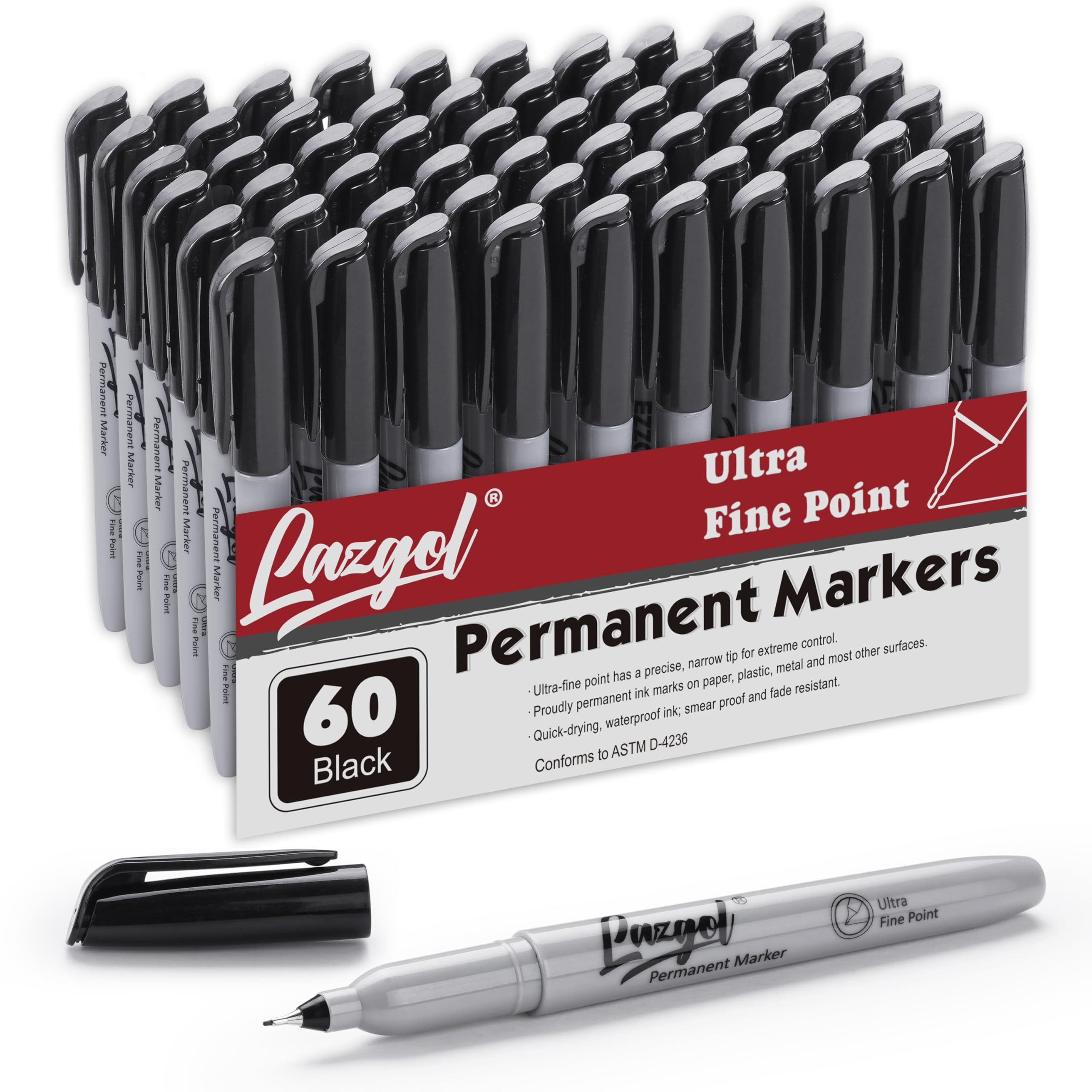 Permanent Markers Bulk, Ultra Fine Point, 60 Pack Black 0.4 mm Permanent Marker set, Felt Tip Pens Works on Plastic, Wood, Stone, Metal and Glass for Doodling, Marking