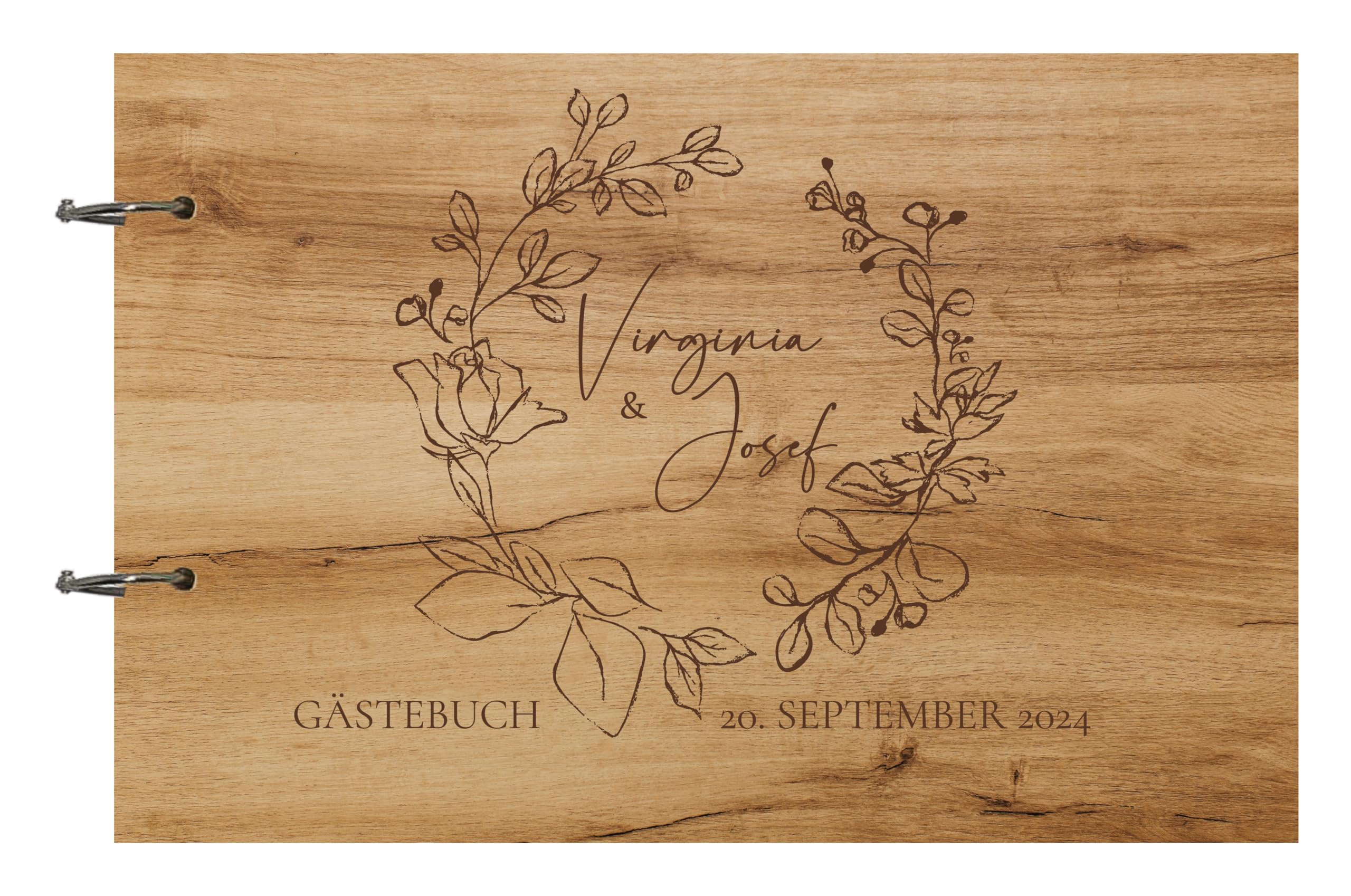 Manschin-Laserdesign Libro degli ospiti in legno, per matrimonio, in vero legno con incisione laser personalizzata, 50 fogli (100 pagine), DIN A4
