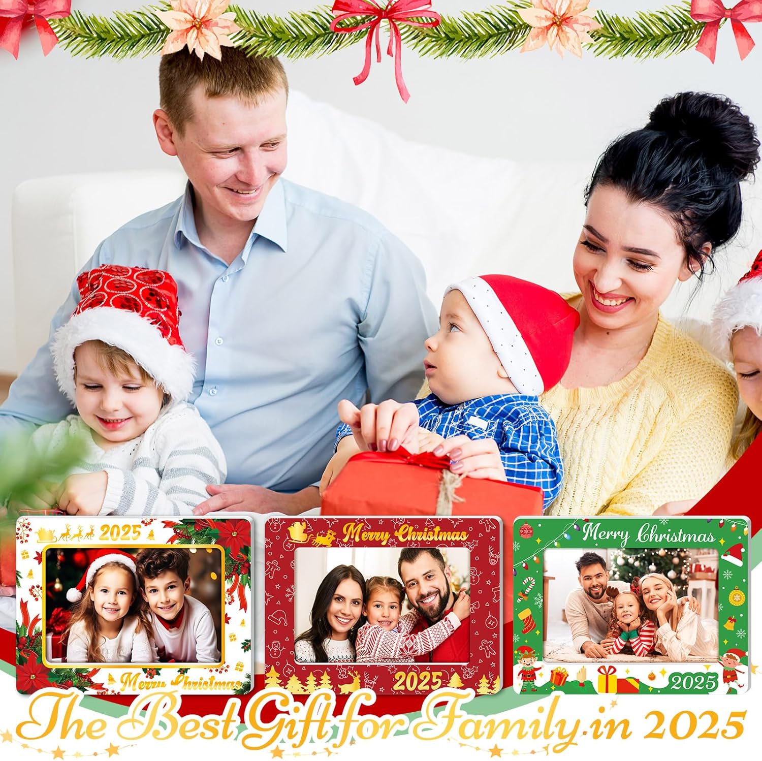 Qunclay 3 Pcs Christmas Picture Frame 4x6 Inch 2026 Xmas Wooden DIY Red Green and White Stripes Photo Frames Decorations Gift for Family Friends Holiday Gifts Xmas Decorative Home Souvenir(Christmas)