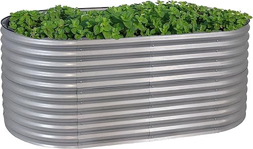 Sunnydaze Cama de jardín elevada ovalada de 79 pulgadas, kit de maceta apilable de acero para flores con borde de goma, color plateado