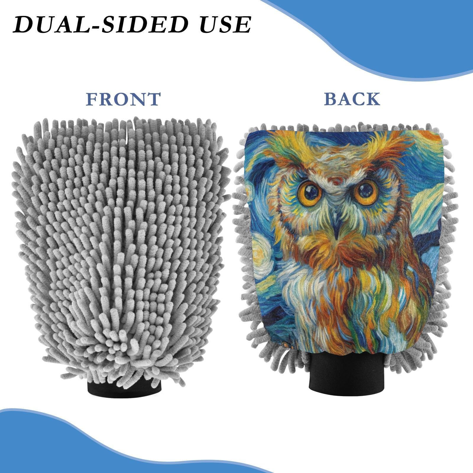 ALAZA Owl Starry Sky Car Wash Mitt Scratch Free, 2 Pack Absorbent Microfiber/Chenille Washing & Drying Mitts, L