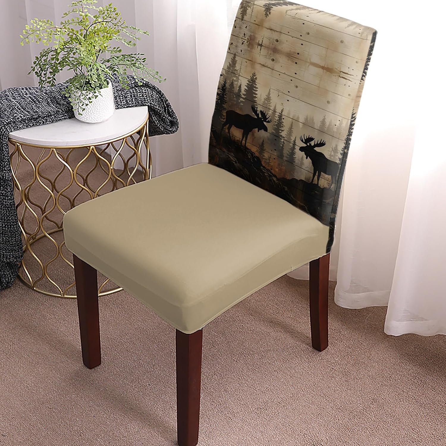 Dining Room Chair Covers Set of 4, Nature Landscape Moose Forest Stretch Spandex Parsons Chair Slipcovers, Rustic Pine Silhouette Wildlife Washable Removable Seat Cover Protector for Kitchen Party