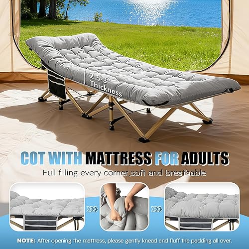 Miniatura 3 de HABUTWAY Catre de campamento, catre portátil para adultos, cuna de dormir de 28 pulgadas de ancho, carga máxima de 600 libras con colchón grueso y