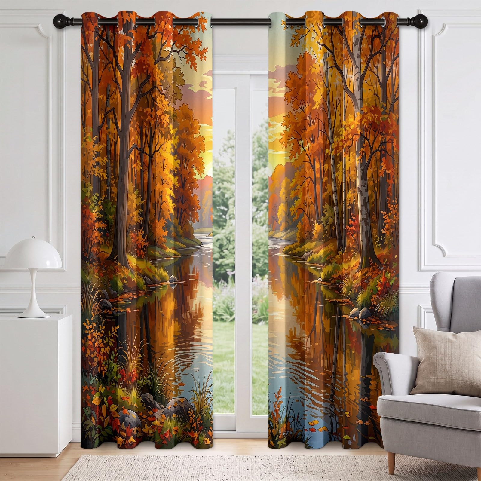 Blickdichte Vorhänge Set Natur Ländlich Landschaft mit Ösen, Herbst Wald Fluss Verdunklungsvorhänge Thermo Isoliert 2 Stück - Bedruckte Gardinen Deko für Wohnzimmer Schlafzimmer 229 x 117 cm (H x B)