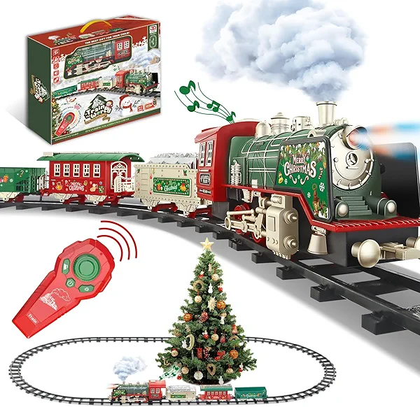 JUQU Electric Train Set for Kids Ages 3-8 – Remote Control Steam Locomotive Toy Train with Smoke, Lights, Sound & Tracks, Christmas Tree Train for Around or Under Tree