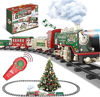 Remote Control Electric Train Set with Real Steam, Lights & Sound, Toy Train for Kids Ages 3-8 with Complete Tracks, for Christmas Tree and Indoor Play