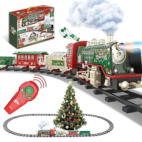 JQ JUQU Remote Control Electric Train Set with Real Steam, Lights & Sound, Toy Train for Kids Ages 3-8 with Complete Tracks, for Christmas Tree and Indoor Play - Classic