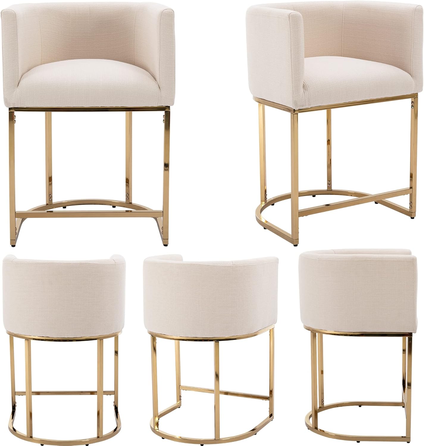 Modern Bar Stools Set of 2, 24" Linen Upholstered Counter Height Kitchen Island Stools Bar Chairs with Golden Metal Frame, Cream
