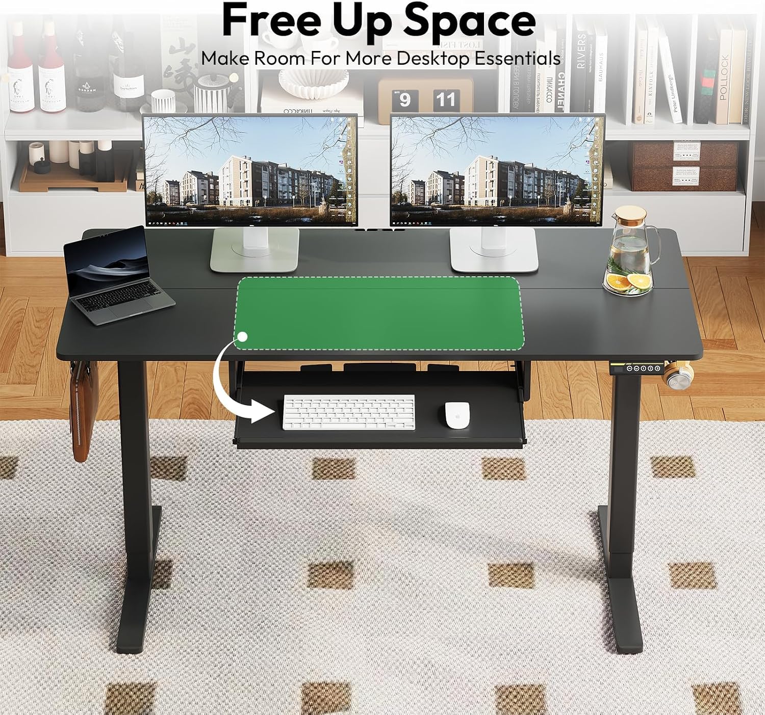 Electric Standing Desk with Keyboard Tray,55x24 inches Adjustable Height Stand Up Desk,3 Preset Heights,Equipped with Hooks,Raising Desks for Home Office and Computer Workstation,Black