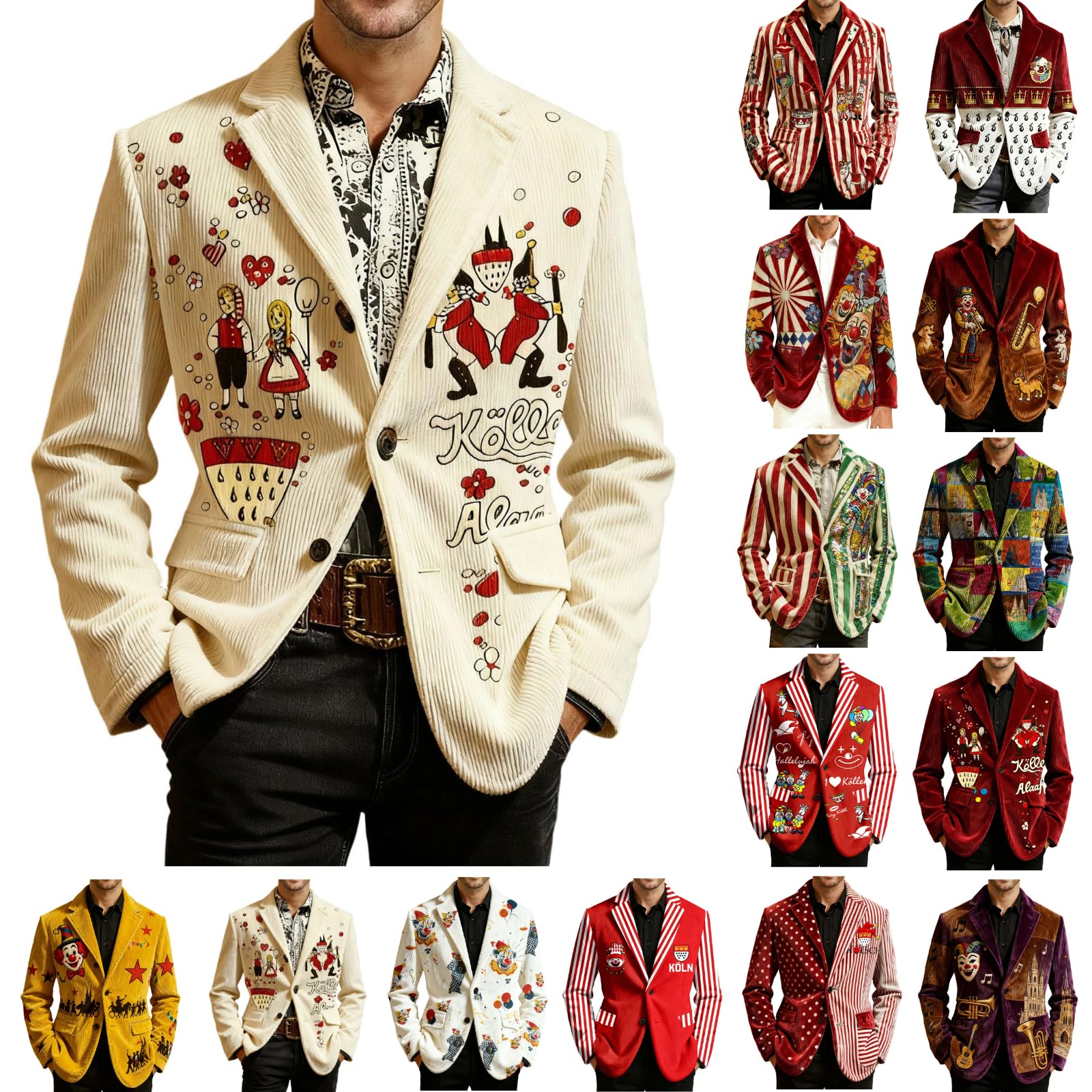 Veste de cirque multicolore homme velours côtelé pour soirée rétro