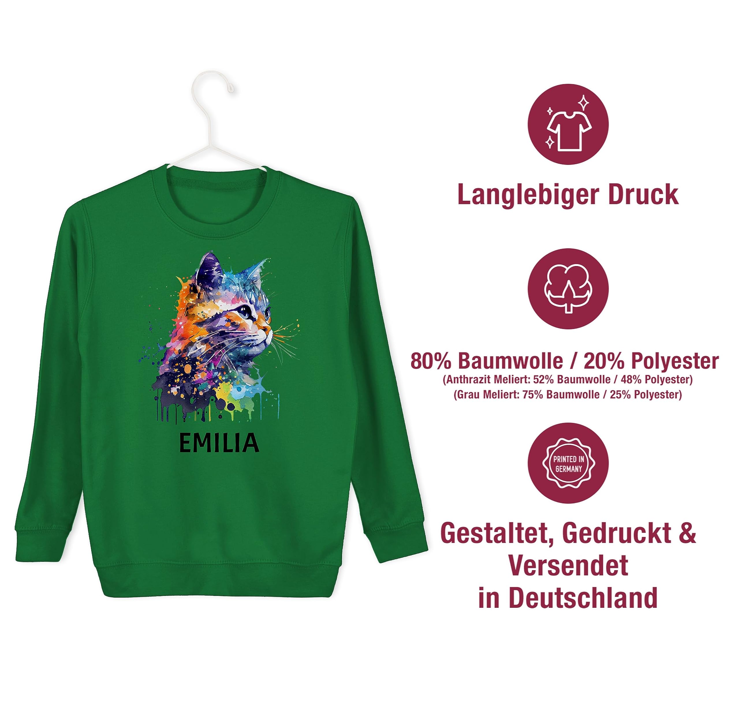 Geschenk mit Namen personalisiert by Shirtracer - Sweater Kinder Sweatshirt Jungen Mädchen Pullover - Katze Cat Citten Katzen Cats Katzenlieberhaber