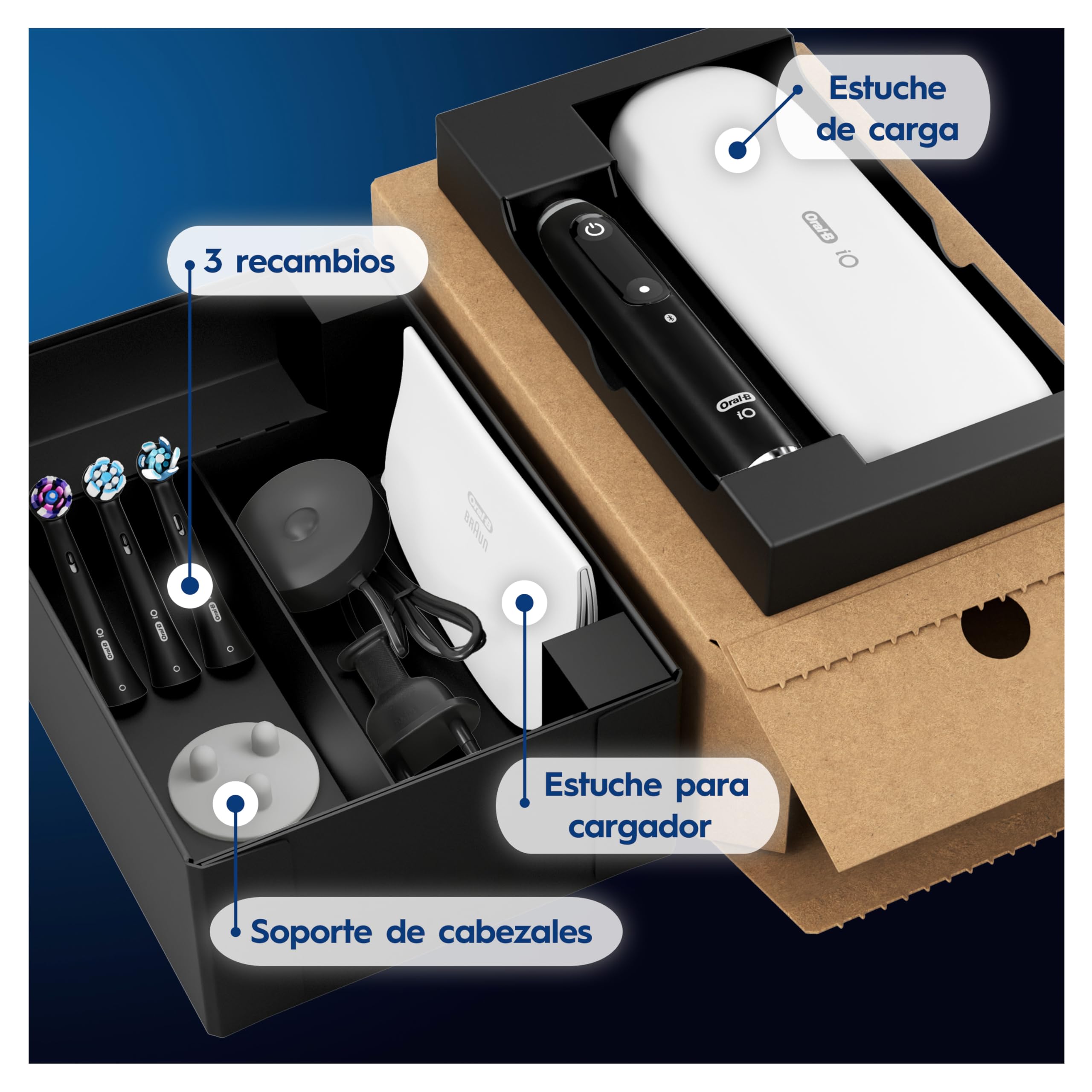 Oral-B iO 9 Cepillo de Dientes Eléctrico con 3 Cabezales, Negro - Cepillo Dental con Sensor De Presión, 7 Modos de Cepillado con Blanqueamiento Dental, Estuche Cargador de Viaje, Carga Rápida