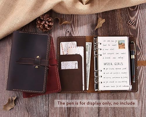 Miniatura 2 de Cuaderno de escritura de diario de cuero genuino, carpeta de anillos A6, bloc de notas recargable, organizador de viaje hecho a mano vintage para