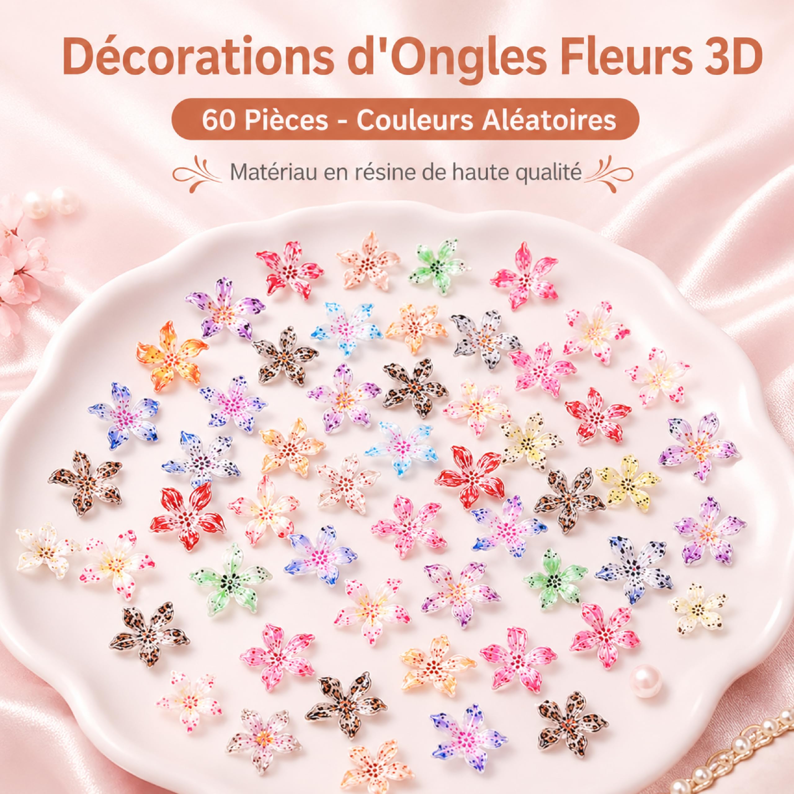 Zestaw 60 sztuk 3D Flower Charms, zawieszki do paznokci w kształcie kwiatów, ozdoby kwiatowe do paznokci, do dekoracji manicure i kreacji