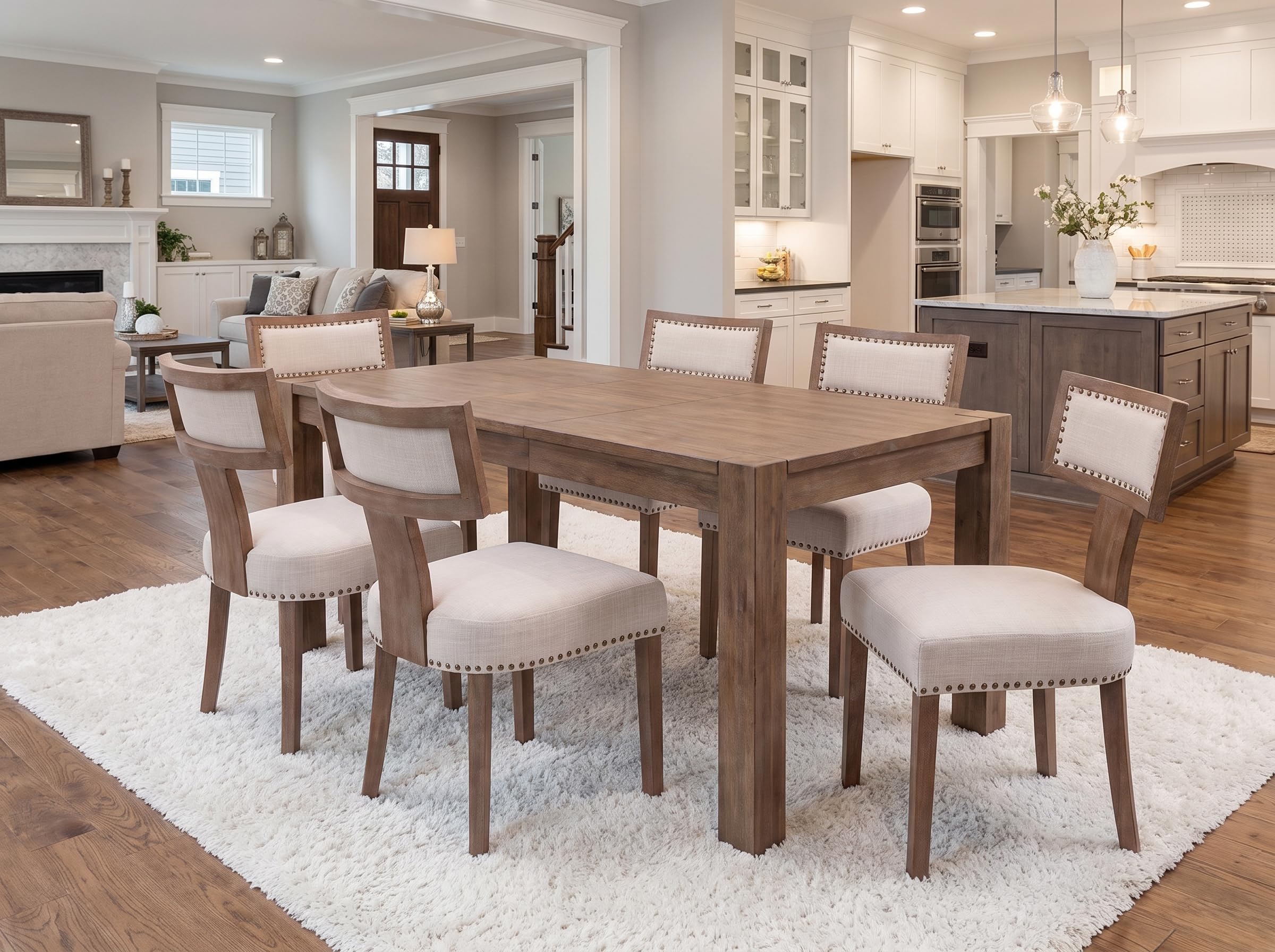 RIVOVA Mid Century Modern Dining Chairs Set of 6 Linen Fabric Upholstered Kitchen Side Chairs with Nailhead Trim, Modern Kitchen Armless Solid Wood Dining Chairs, Beige