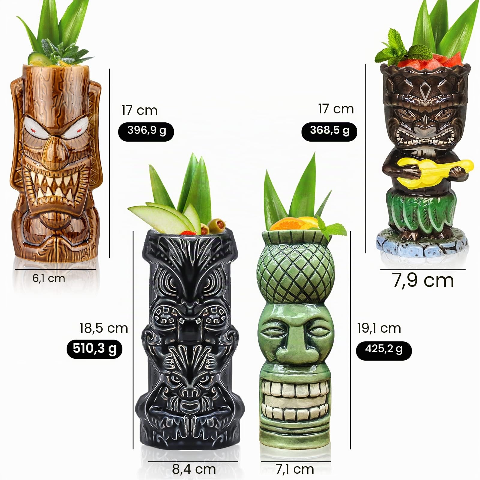 Lot de 4 verres Tiki en céramique pour cocktails créatifs, grands verres exotiques style tropical hawaïen, pour bar, qualité supérieure