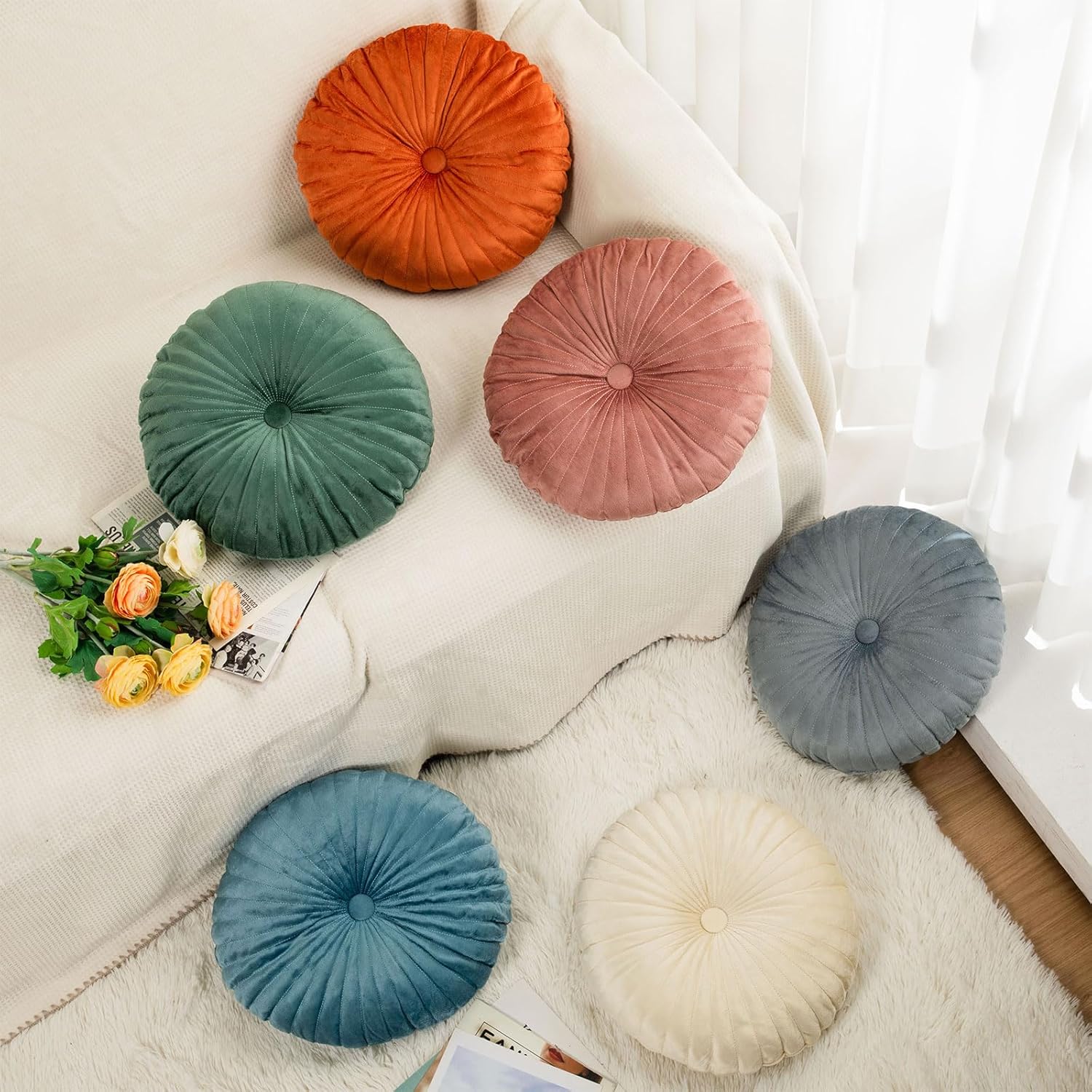 Set of 6 Round Velvet Throw Pillows Bulk 13.8 Inch Decorative Pumpkin Pleated Throw Cushions Vintage Floor Pillows for Couch Sofa Chair Living Room Bed Home Classroom Decor(Vivid Color) - Image 6