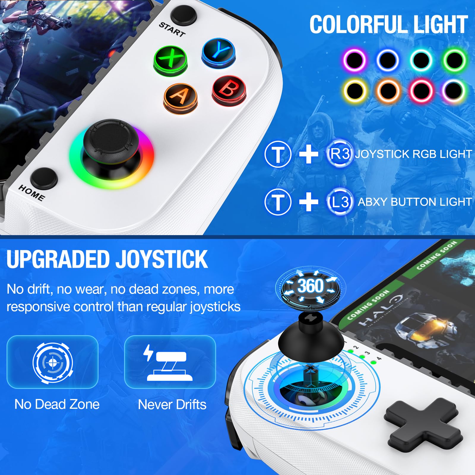 Elegamefy Controller cellulare per iPhone/Android, smartphone controller con joystick aggiornato senza zone morte, luce Coloful