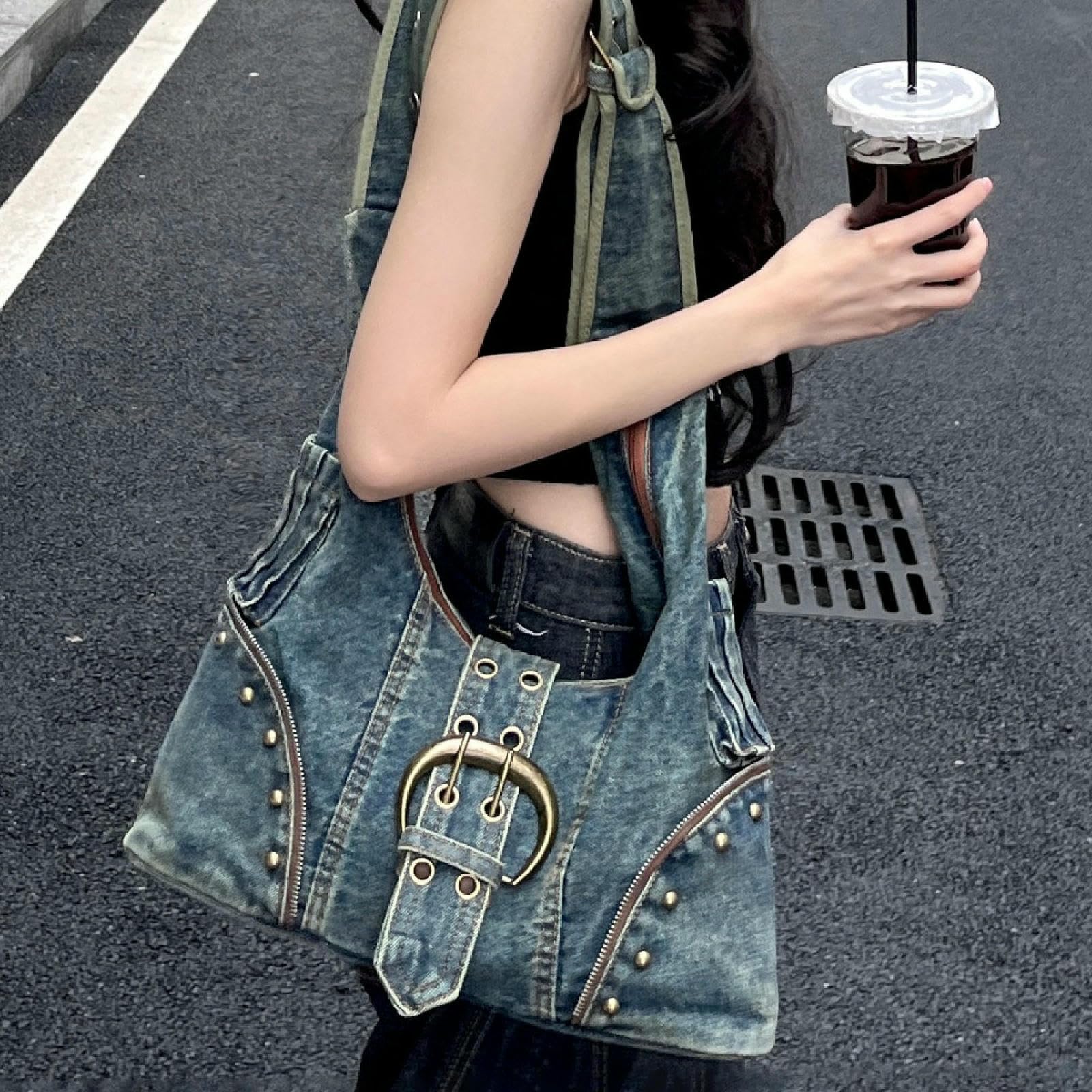 Borsa A Tracolla Tote in Denim di Grande capacità da Donna-Blu