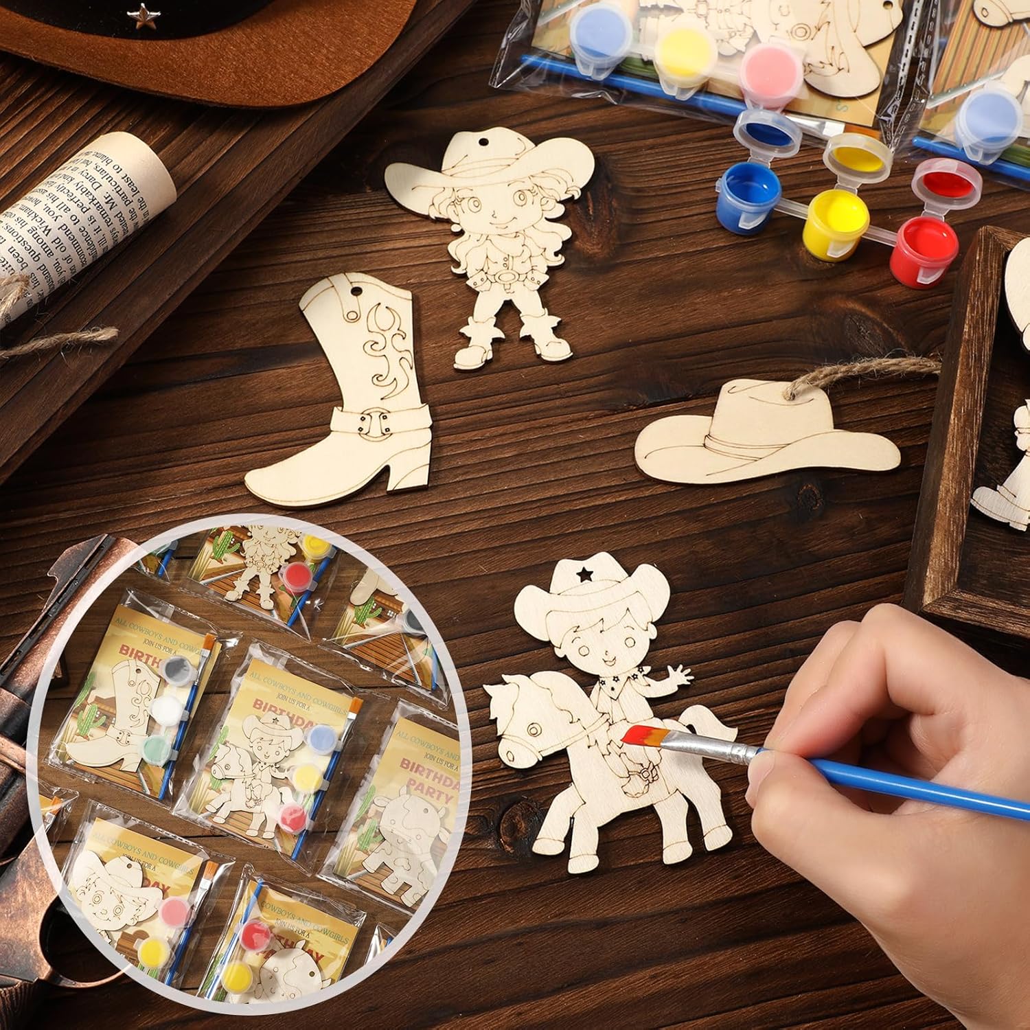 Saypacck 24 Pcs Western Cowboy Party Favors Wild West Birthday Party Wooden Painting Craft Kits First Rodeo Wood Crafts with Organza Bag for Birthday Favors Goodie Bags Fillers Gifts - Image 2