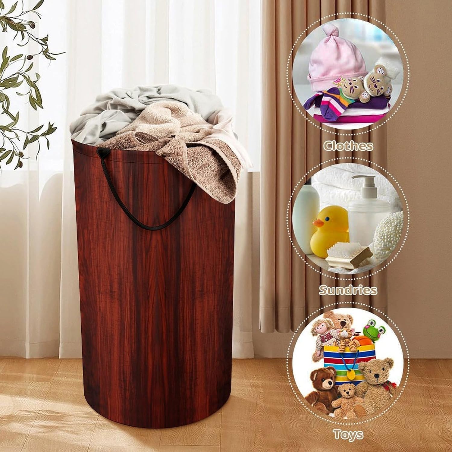 Red Wood Laundry Hamper with Handles Freestanding Large Laundry Basket Collapsible Clothes Hamper Waterproof Clothes Basket for Family Bathroom Decor Storage 86L