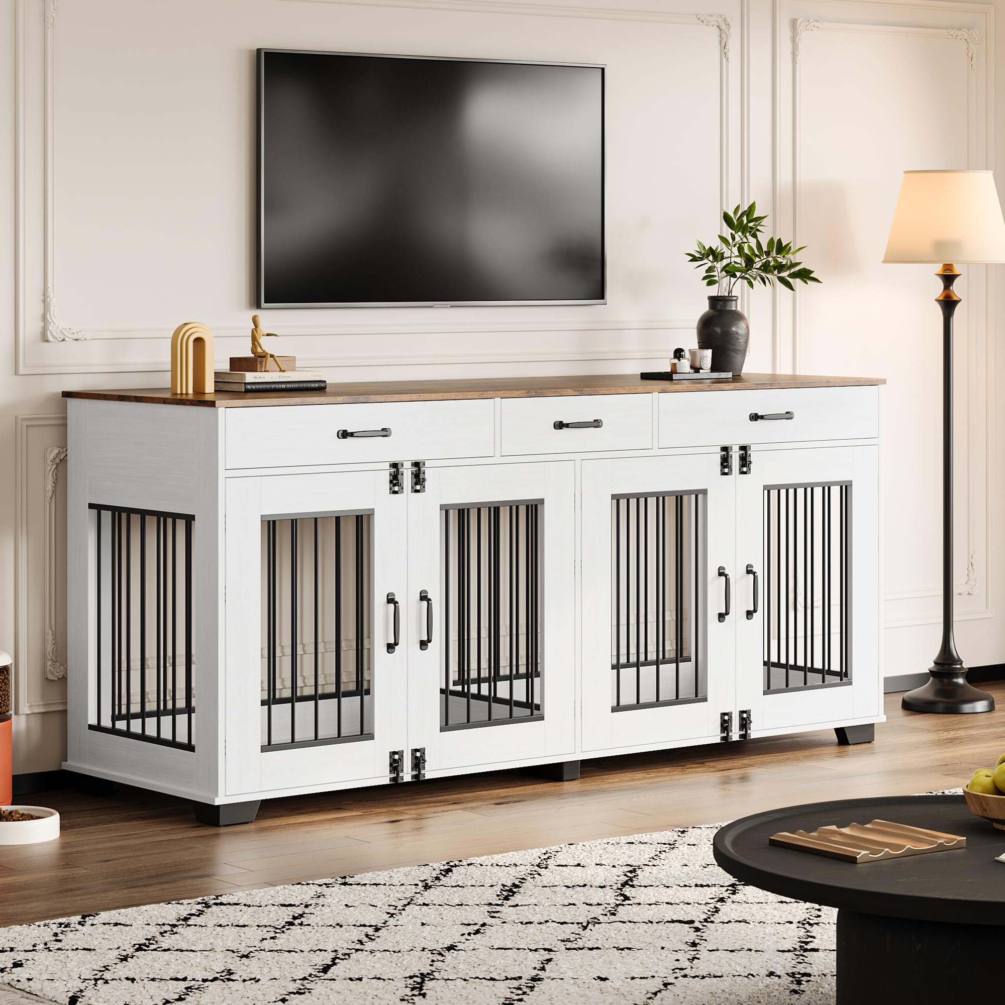 View of 71-Inch Large Dog Crate with 3 Drawers for 2 Dogs, Spacious Wooden ...