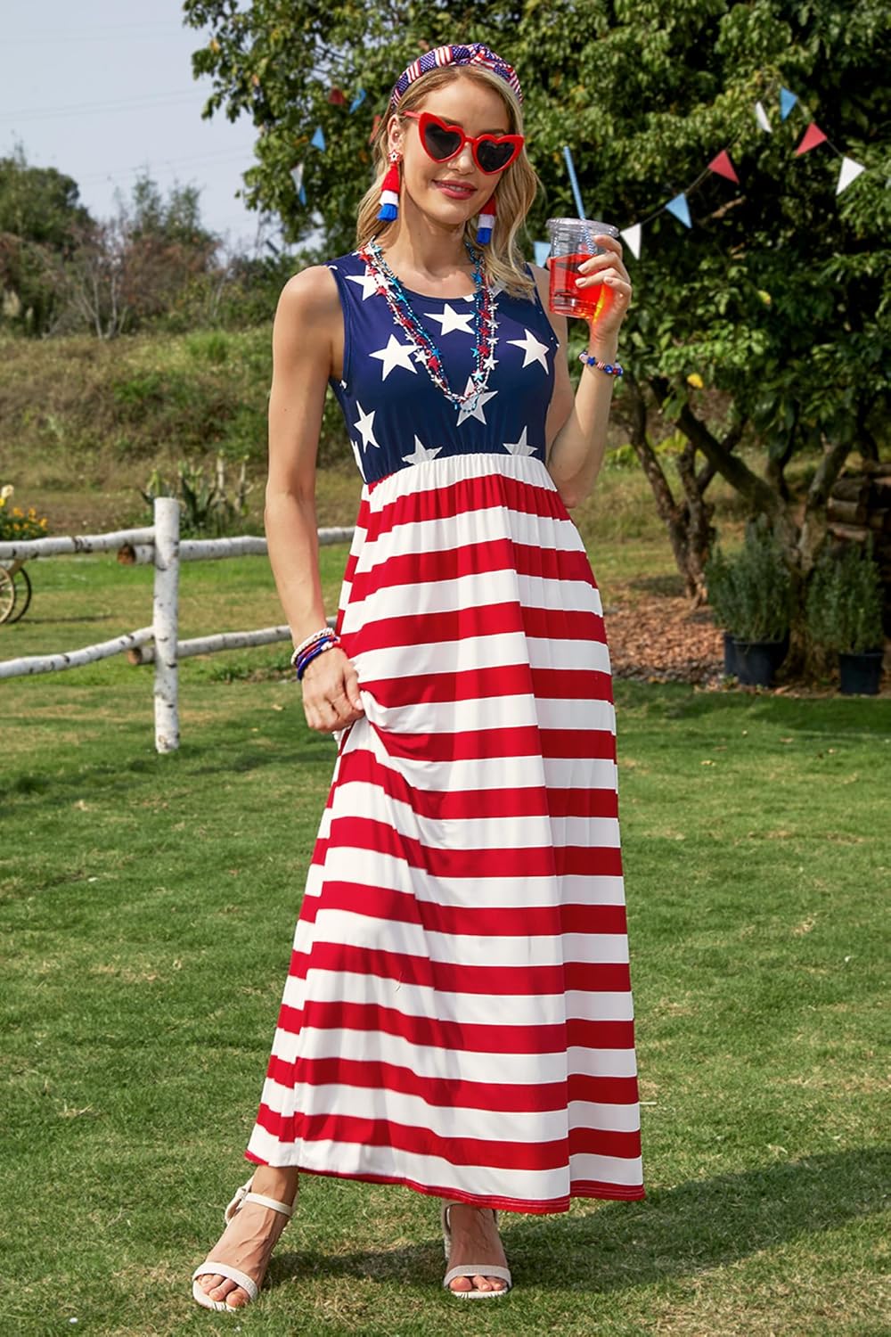 For G and PL Womens 4th of July Maxi Dress American Flag Sleeveless Long Dress with Pockets - Image 5