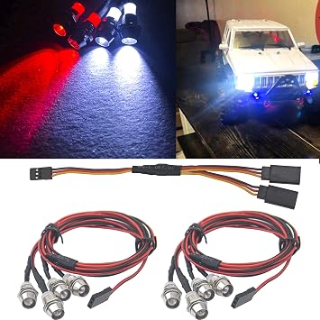 2Pack HIRCQOO 4LED RC Car LED Light Headlights Taillight Lighting with JR Y Cable Compatible with Traxxas HSP Tamiya Redcat RC4WD Axial HPI Kyosho Arrma 1/8 1/10 1/12 RC Car,2Red & 2White 5mm LEDs