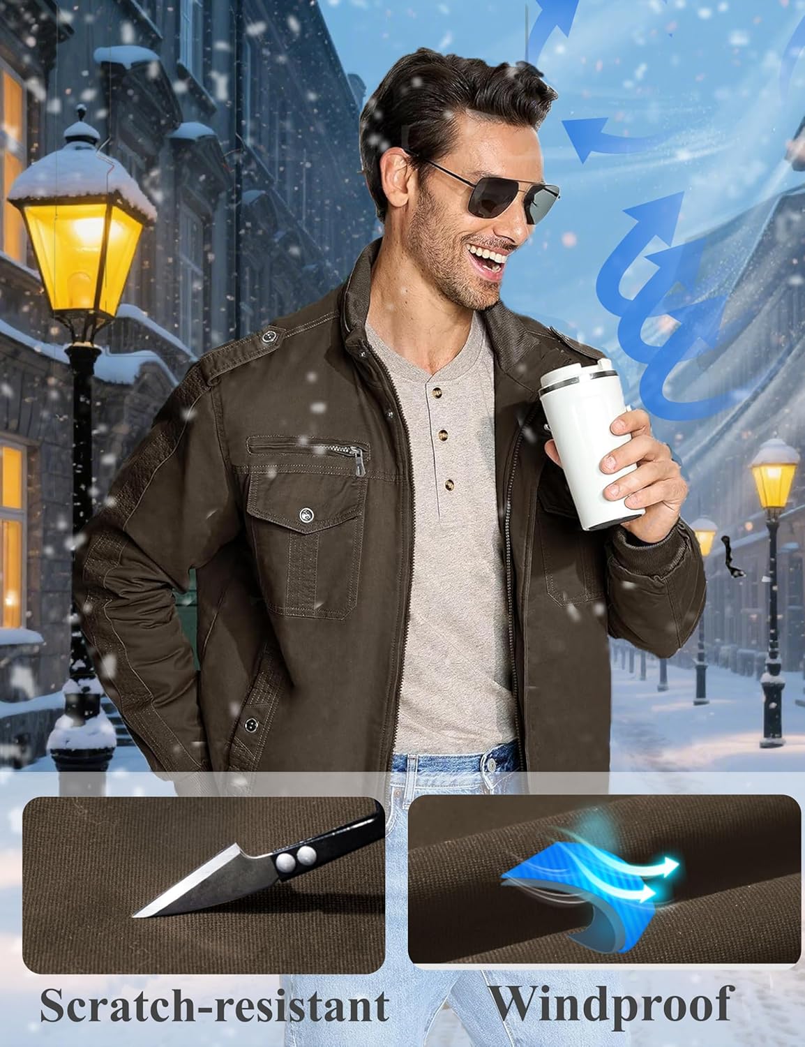 CRYSULLY Men's Fleece Cargo Jacket Winter Casual Thicken Multi Pocket Field Outwear Jackets Coat - Image 5