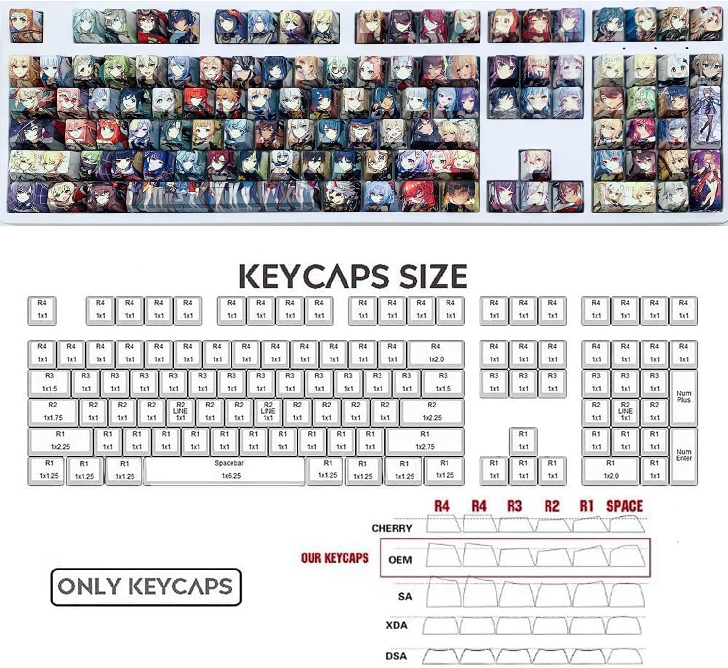 132 Keys Genshin Impact Collection Many Character PBT DYE SUB Keycaps Set for ANSI 61 64 68 71 80 82 84 87 98 100 104 108 Keys Mechanical Keyboard OEM Profile Only KeyCaps