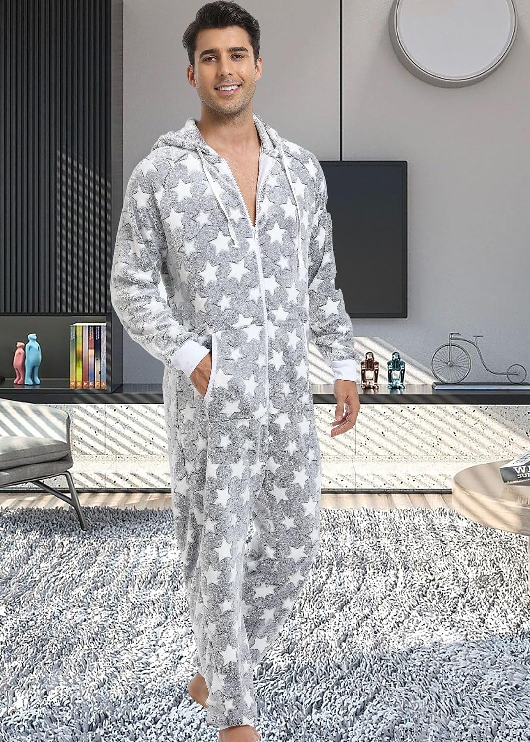 Men's Flannel 1-Piece Pajamas, Hooded Comfortable Loungewear for Christmas, with Large Pockets Soft Flannel Design